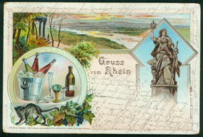 Litho / Lithografie: Rhein - Wein- bzw Sektflaschen (Druck Illert & Ewald Hanau) - Bild 1 von 2