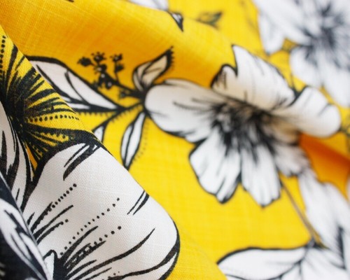 Golden Yellow Floral Print Linen Look Fabric - BY THE METER - 57" / 144cm Width - Picture 3 of 6