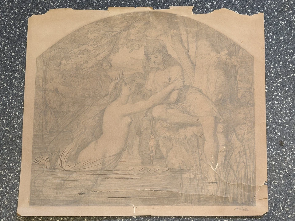 Antique 19thC original pencil drawing by Alfred Richard Diethe 1836-1919 Mermaid - Image 4 of 4