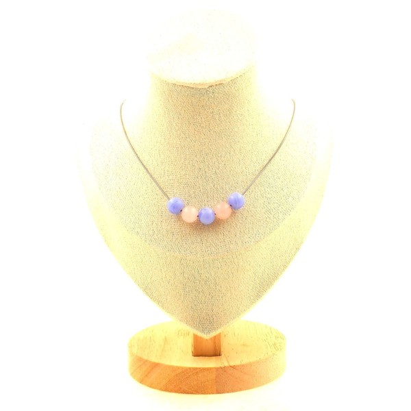 Halskette 5 Perlen Rosenquarz + Achat Crazy Lace Blau 8 Mm Kette Silber Fem-image