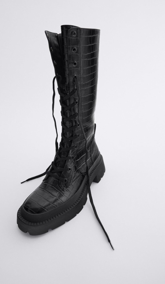 Zara Black Lace Up Knee High Animal Print Military Boots UK3 Zara Black Lace Up Knee High Animal Print Military Boots UK3
