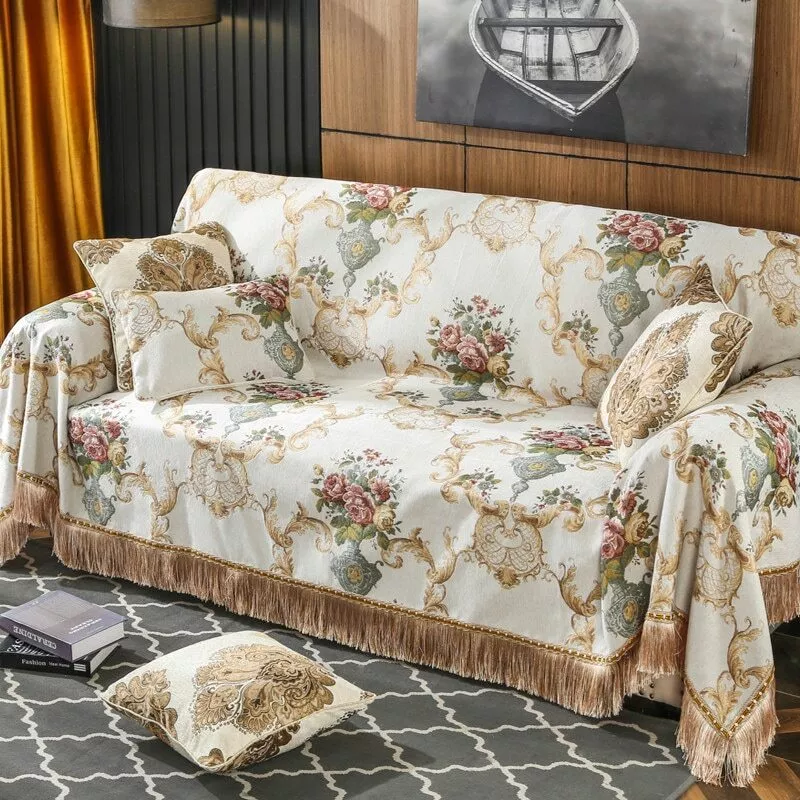 Luxury Jacquard Floral Sofa Cover Towel Tassels Couch Covers for Living Room