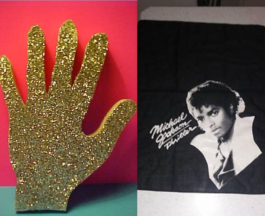 MICHAEL JACKSON Single Sparkling Wooden GLOVE + Thriller Bandana