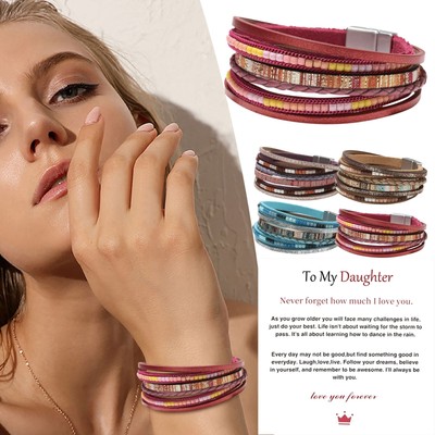 ^To My Daughter Card Bracelet Bohemian Multi Layer Leather Rope Woven Bracelets
