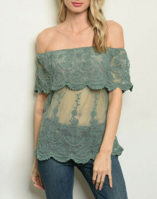 Sage Green Sheer Lace Boho Ruffle Off The Shoulder Blouse Dress Top HIppIe M
