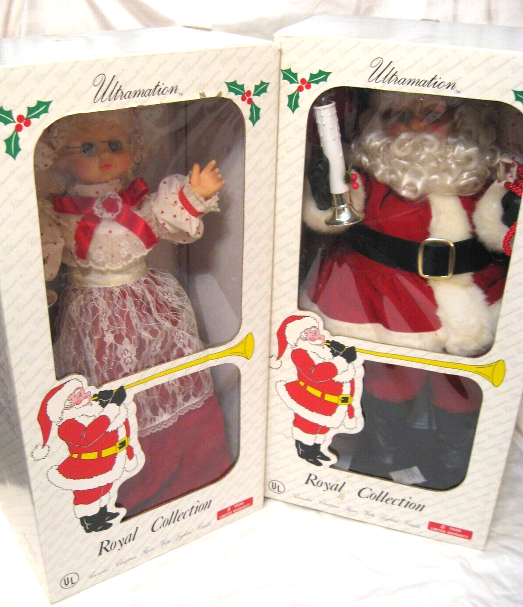 Vtg 1989 Christmas Animatronic Mr & Mrs Claus Figures, w/ Boxes