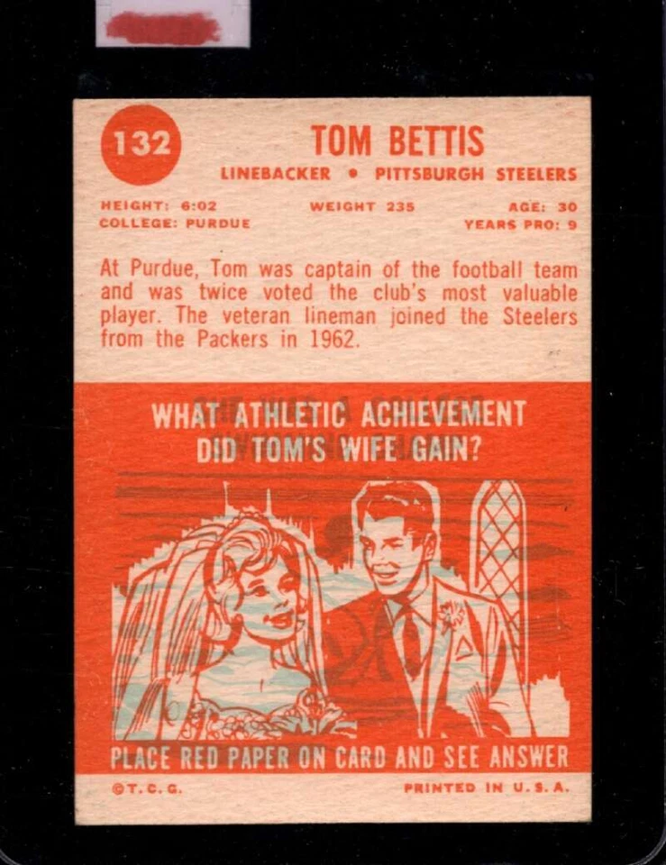 1963 TOPPS #132 TOM BETTIS VG+ SP STEELERS (WAX) *X58188 - Image 2 of 2