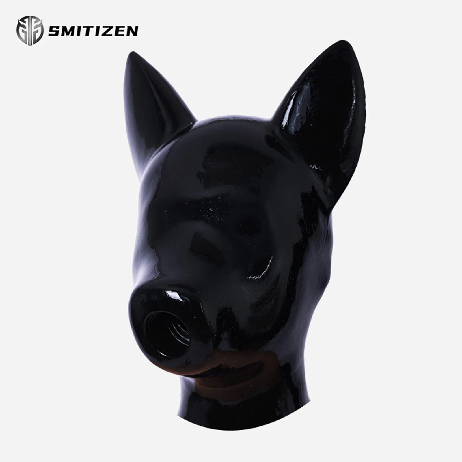 Smitizen Black Glossy Silicone Long Ears Drone Hood Full Mask for Fetish Cosplay