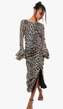 Image of Boohoo Leopard Chiffon Ruffle Midaxi Dress Open drape back size 16