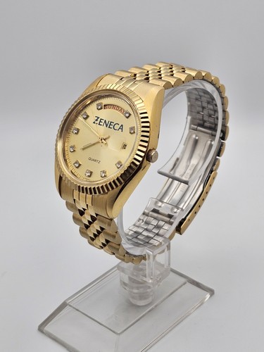 Vintage Rare 90s Zeneca Presidential DayDate Men Timepiece Goldtone Gemset Dial - Picture 2 of 22