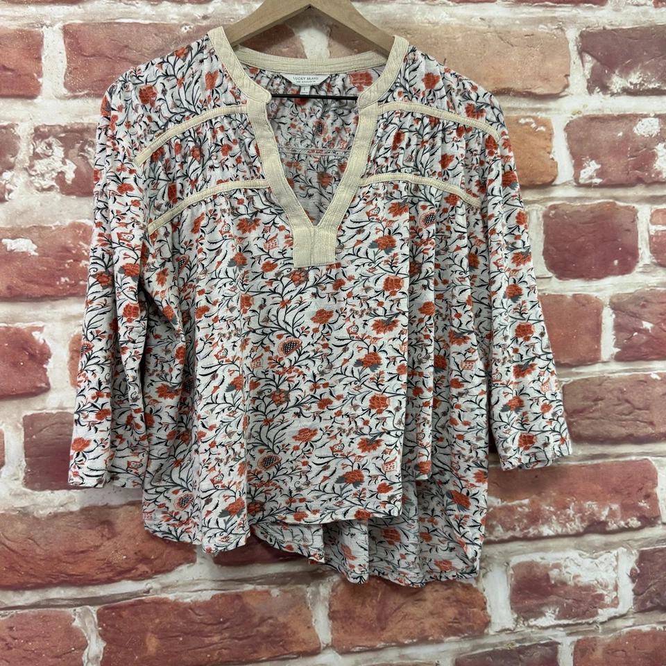 Lucky Brand Top Womens Large Cream Multicolor Boho Floral Vine Asymmetric Shirt - Image 2 of 4