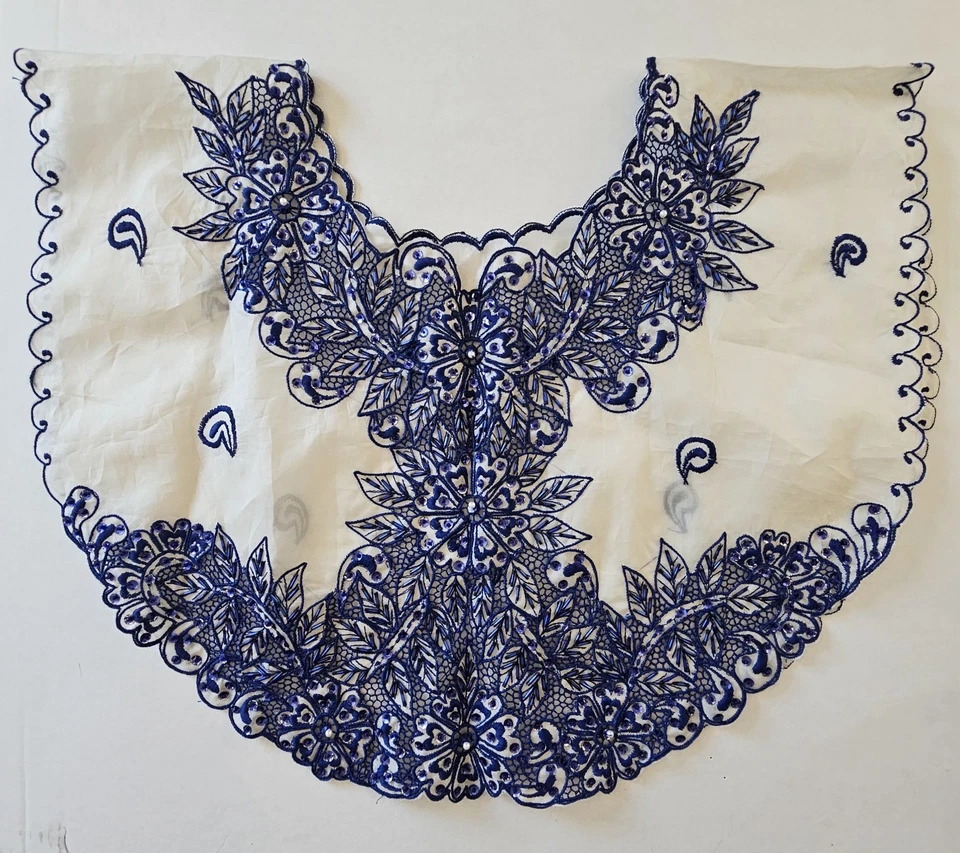 Cuello bordado vintage blanco y azul para mujer talla X pequeño/pequeño Estate Foto 2 de 4