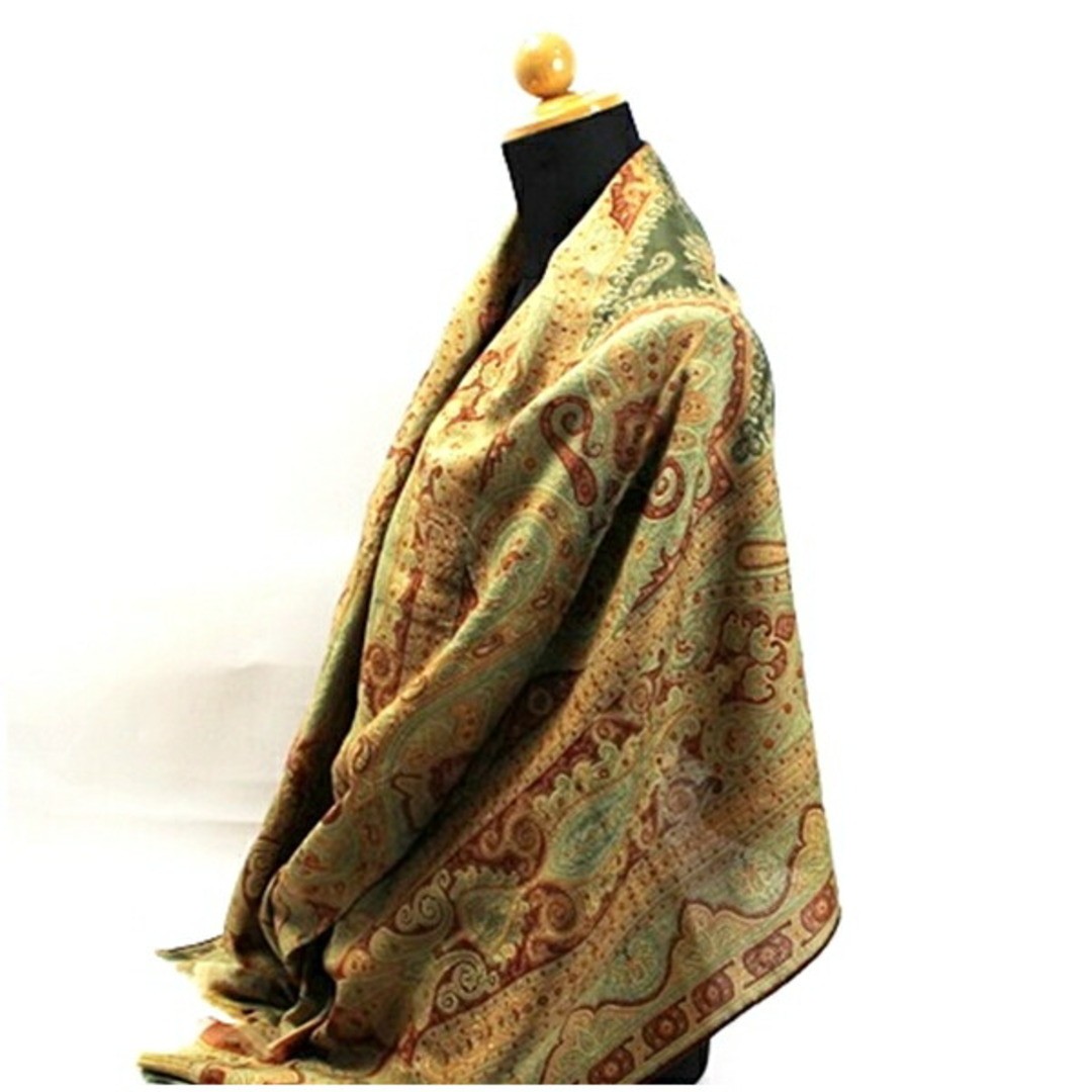ETRO Wool Silk Rectangular Large Stole Green x Br… - image 4