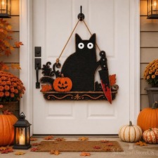 Funny Horror Black Cat Knife Pumpkin Wood Sign Halloween Door Hanger Wall Decor