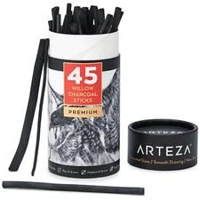 Willow Charcoal Sticks Set of 45 Assorted Thin Medium and Thick Sketching Cha...