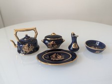 Limoges Porcelain Miniatures France Cobalt Blue Gold Tea Pot Terrain Platter Set