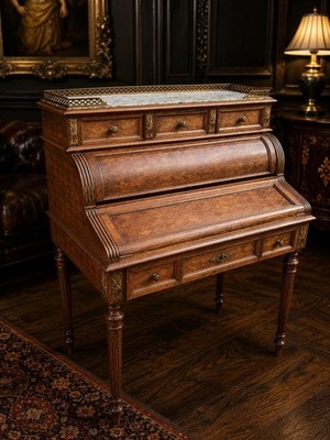 SELTENER ANTIKER FRANZÖSISCHER ZYLINDER SEKRETÄR MARMORPLATTE LEDER SCHREIBTISCH UM 1880 - UK-Lieferung