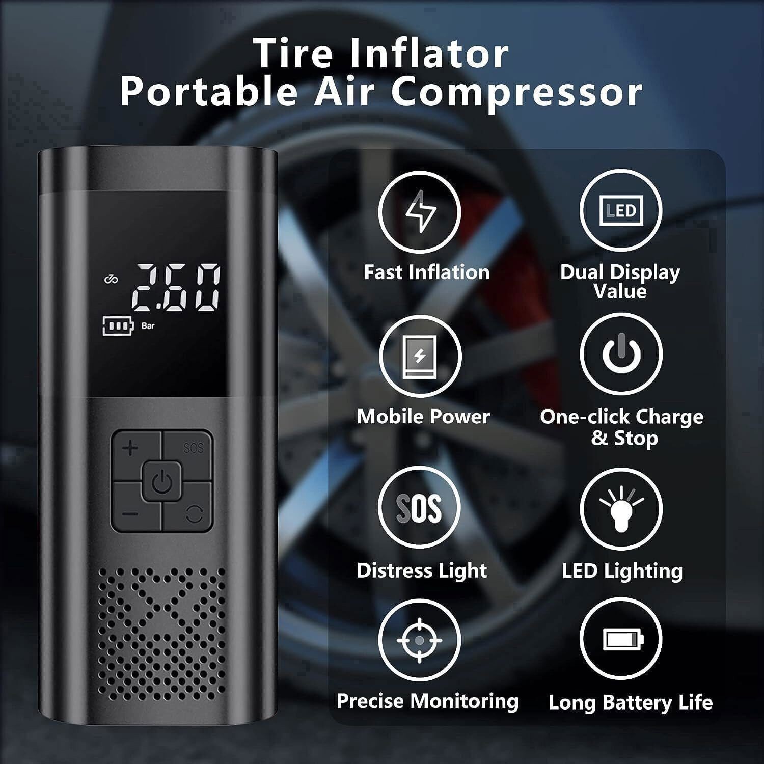 Pompa Aria Elettrica Gonfiatore Pneumatici Compressore Aria Portatile per Bici Moto Auto - Miniatura 6