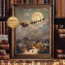 Santa Sleigh Moonlight Canvas Art Flying Over Village Christmas Decor
