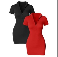 2 Piece Dresses Sexy Ribbed Zip Front short Sleeve Tops Mini Dress Black and red