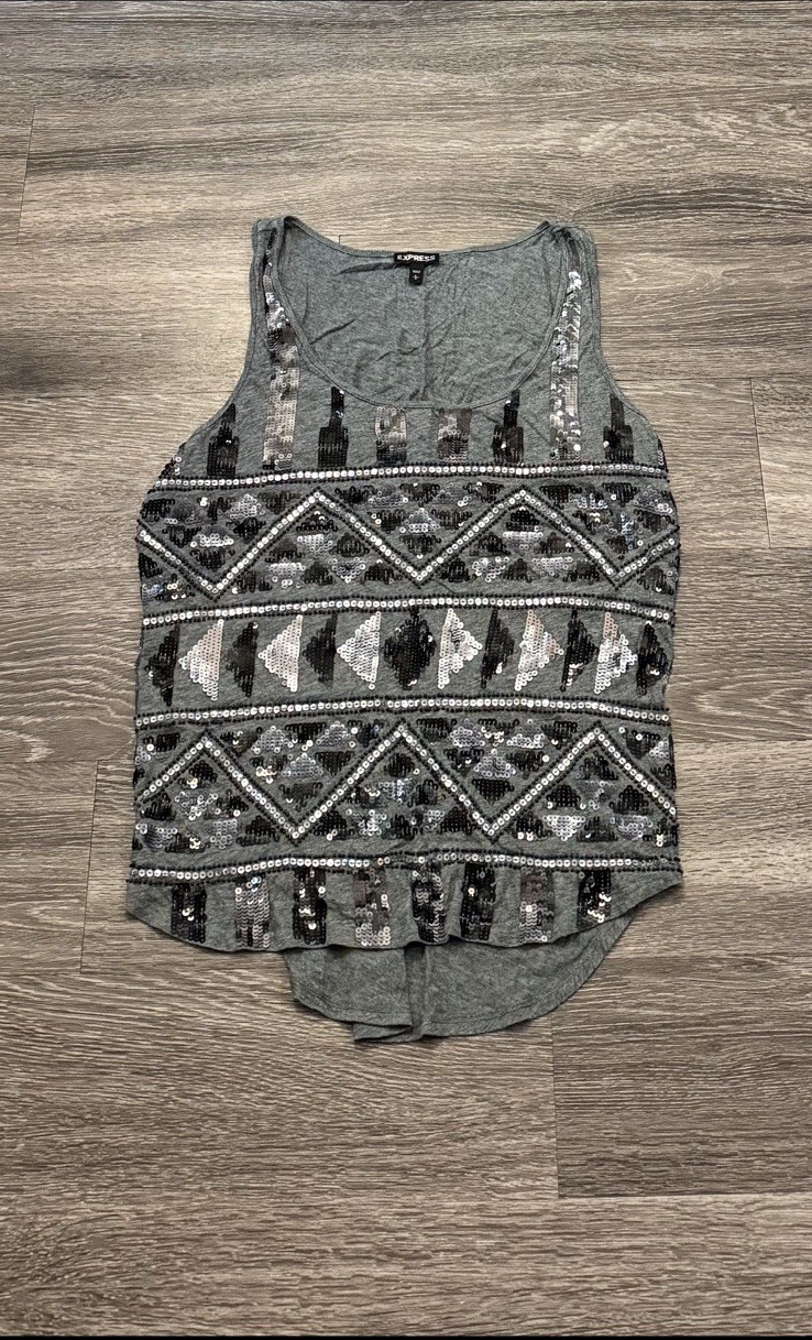 Express Grey Women’s Blouse Pattern Gemstones Tan… - image 1