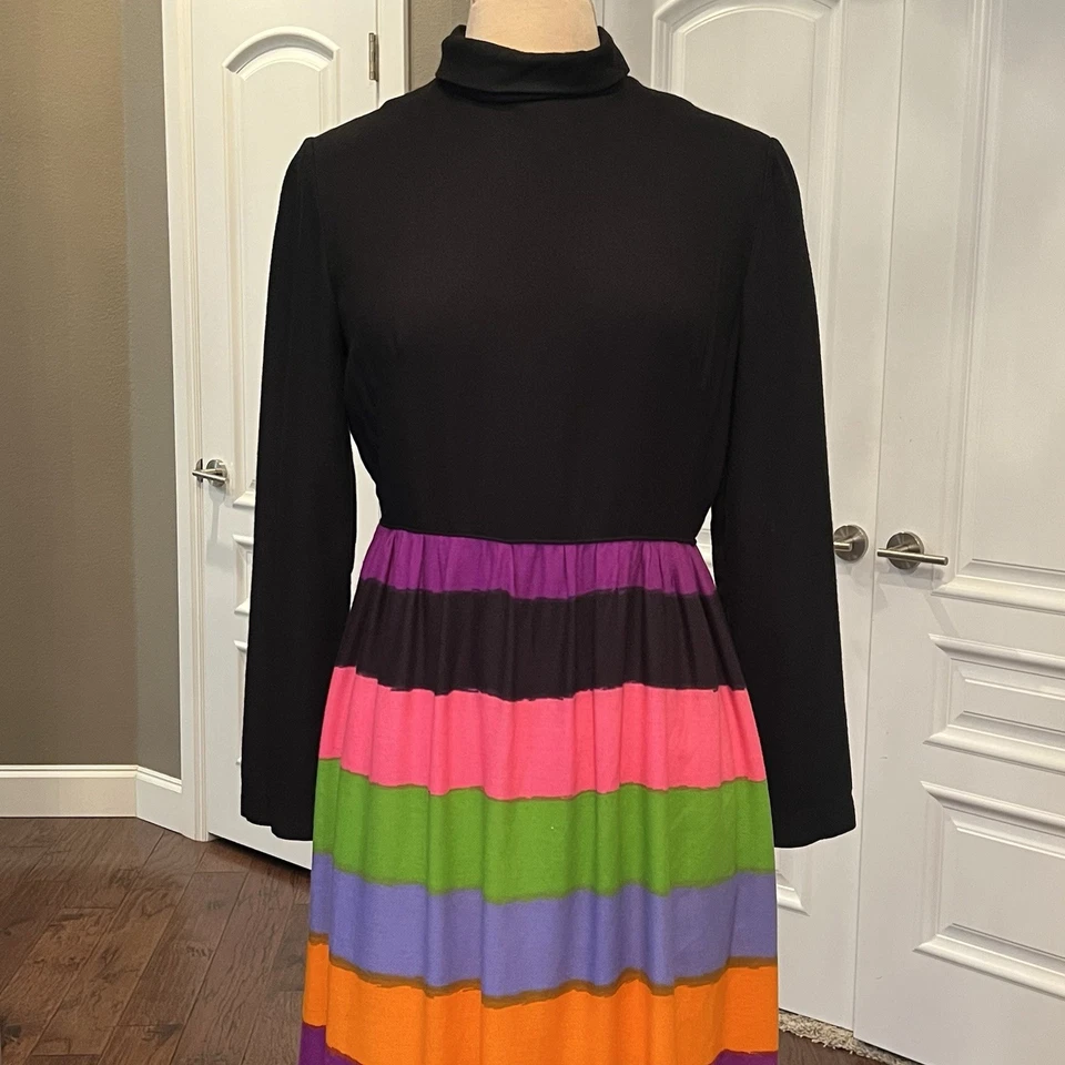 Maxi Vestido De Colección Años 60 Park East By Swirl Talla 14 Talla 6 8 Negro Top Arco Iris Rayas Foto 2 de 4