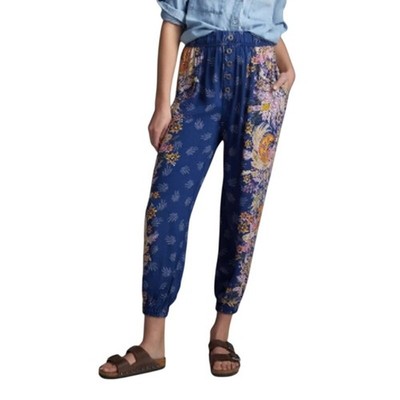 Anthropologie Floral High Waist Odette Pants Blue Size Medium