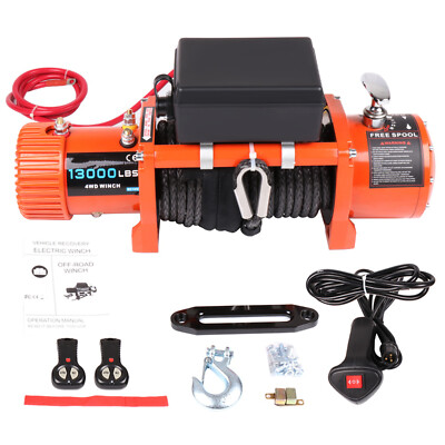 Electric Winch 12V Waterproof Truck Trailer Synthetic Rope 4WD w/ cover 13000lbs