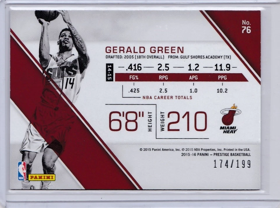 2015-16 Prestige Red Bonus Shots Gerald Green #76 Miami Heat - Suns 174/199 - Image 2 of 2