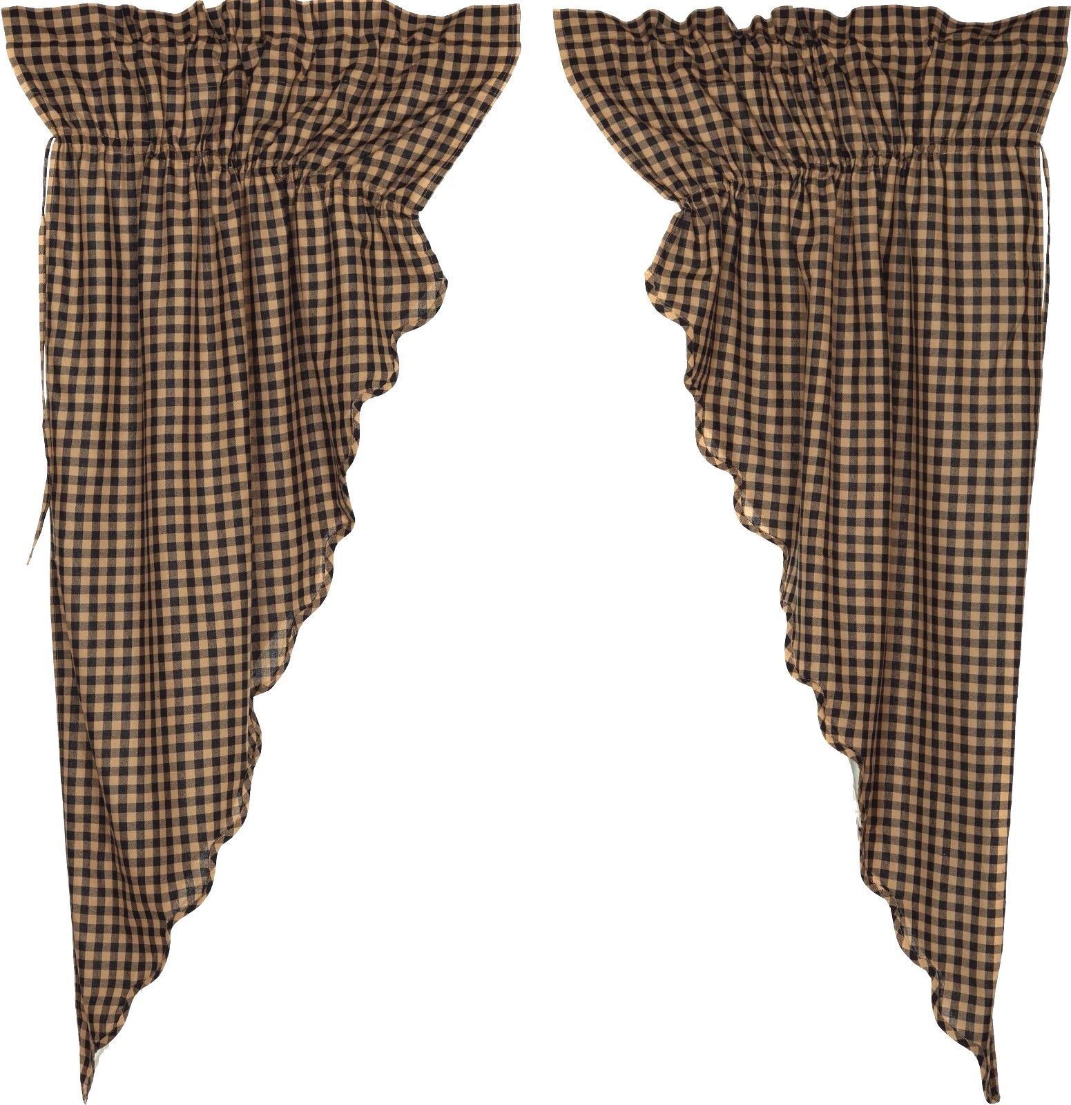 Black & Dark Tan Check Drawstring Prairie Curtain Set 63" L Rustic Country Lined