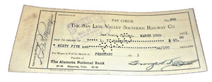 1931 SAN LUIS VALLEY SOUTHERN RAILWAY SAN ACACIO COLORADO EMPLOYEE PAY CHECK