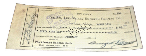 1931 SAN LUIS VALLEY SOUTHERN RAILWAY SAN ACACIO COLORADO EMPLOYEE PAY CHECK