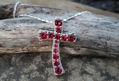 Sterling Silver 925 Raspberry Rhodolite Garnet Cross Pendant Chain Necklace NEW