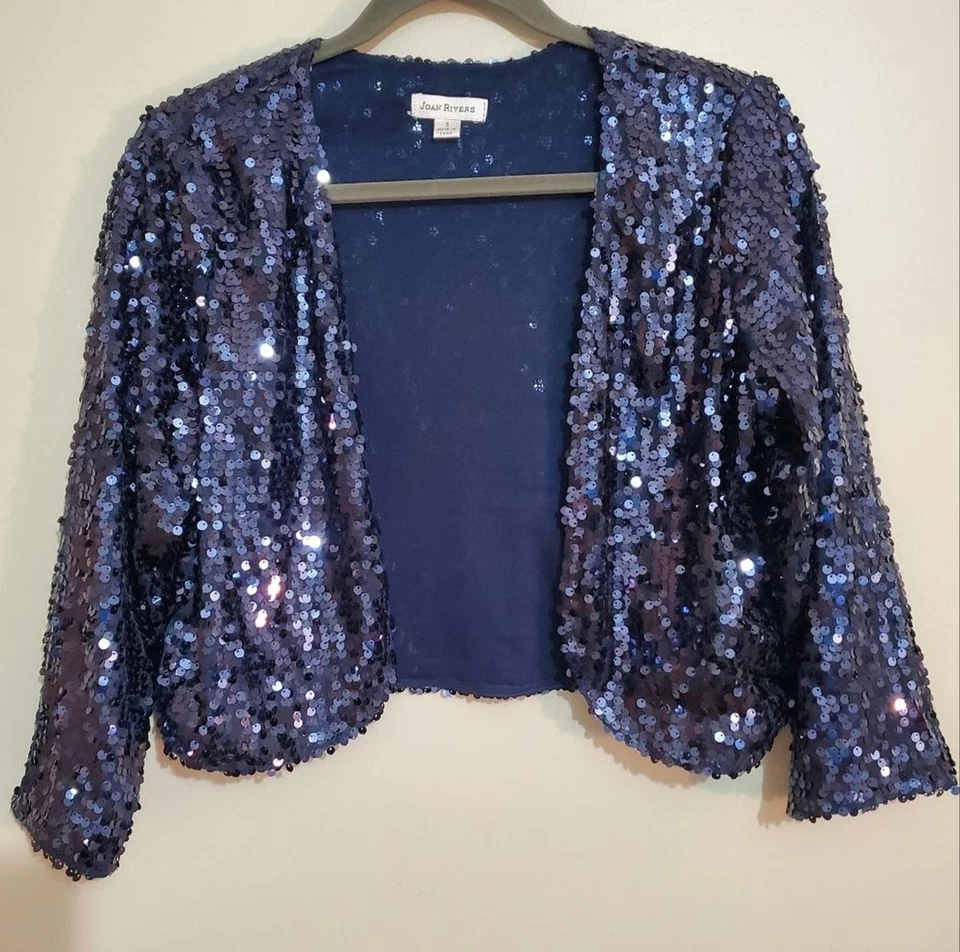 Joan Rivers Y2K Azul Lentejuelas Frente Abierto Bolero Encogerse de hombros Recortado Elegante Chaqueta S Foto 4 de 4