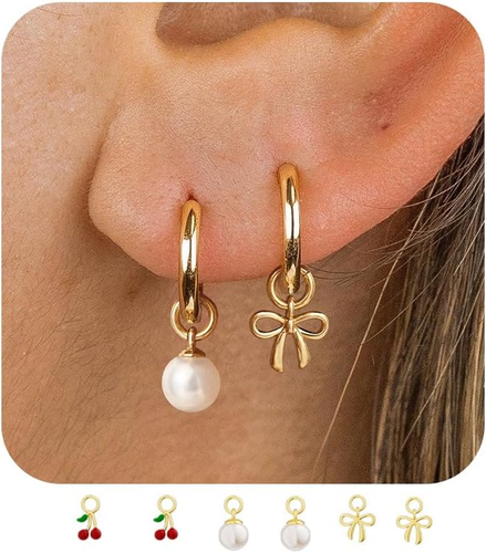 Gold Hoop Earrings and Charm Set for Women Trendy: 14K Gold Plated Small Huggie