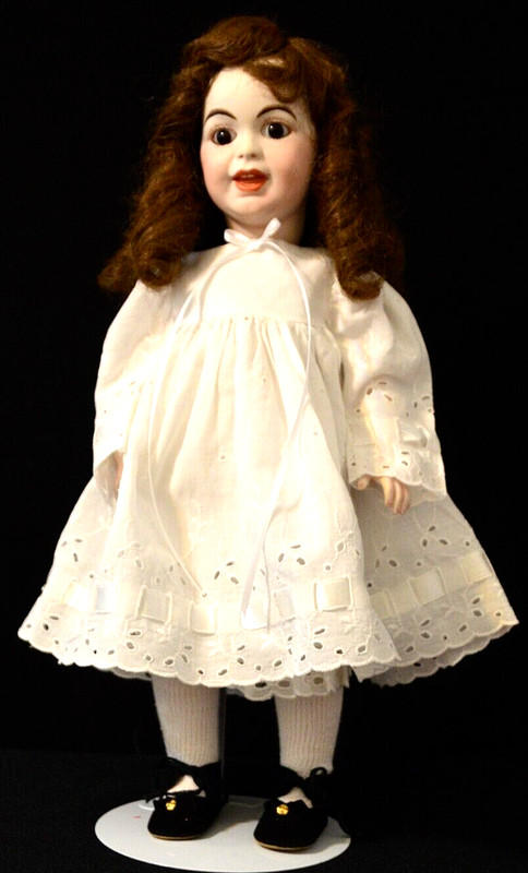 ALL PORCELAIN REPRO DOLL, $ REDUCED 14", Glass eyes, V. Long curl wig, Costumed.
