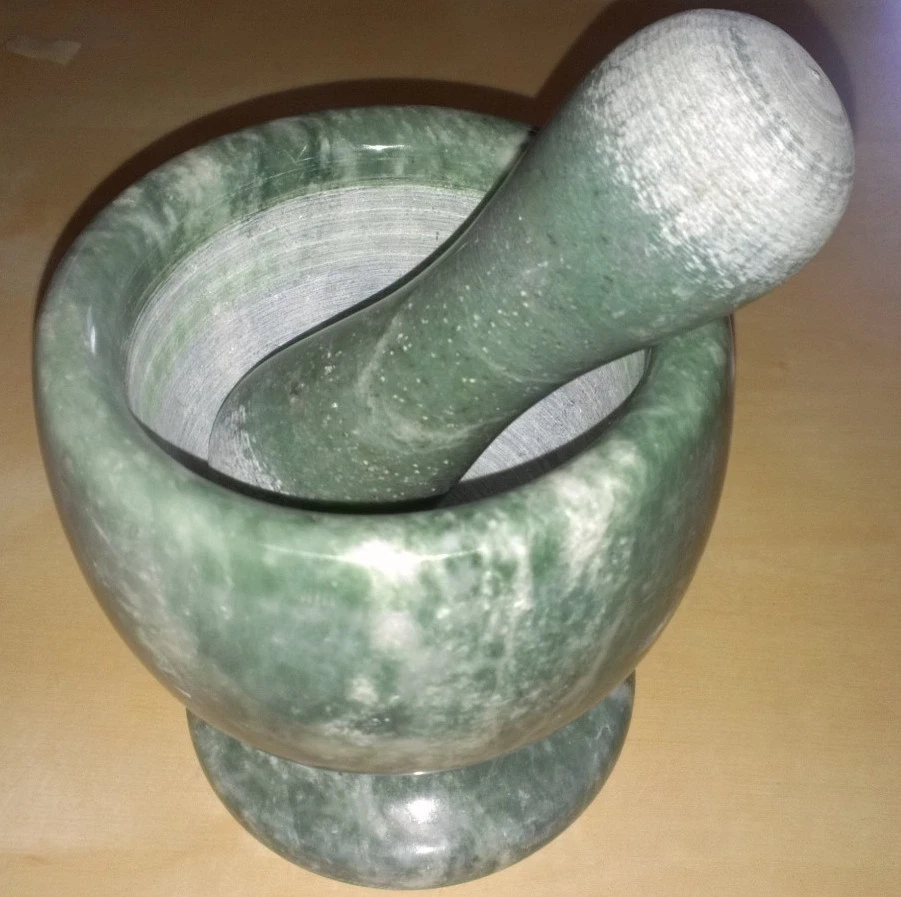 lot of two (2) Green Stone Mortar and Pestle 5" x 5 1/4", pestle: 5 1/2"