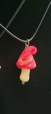 Pink Mushroom Blacklight Reactive Glow In The Dark Necklace On Leather Cord