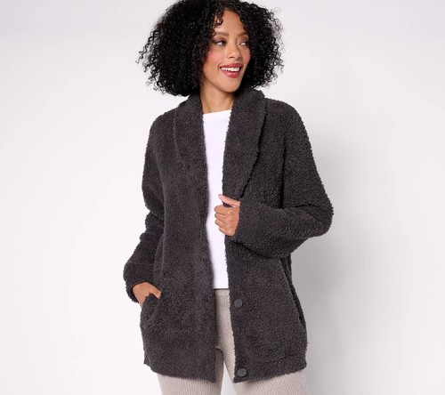 Barefoot Dreams CozyChic Shearling Button Front Jacket, Carbon Large A660885 - 第 1/5 張圖片