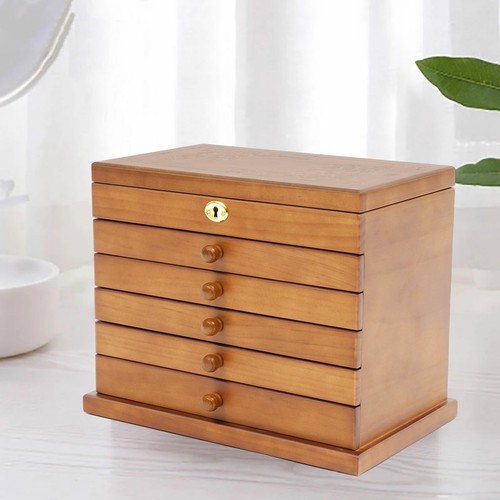 6 Tiers Jewelry Box Wooden Storage Cabinet Four-Leaf Carved Top w/ Lock + Mirror - Picture 12 of 12