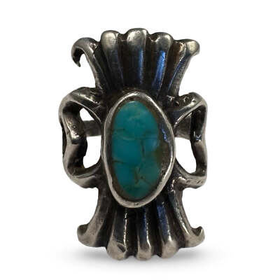 Vintage Navajo Sandcast Tufa Sterling Turquoise Ring 1960