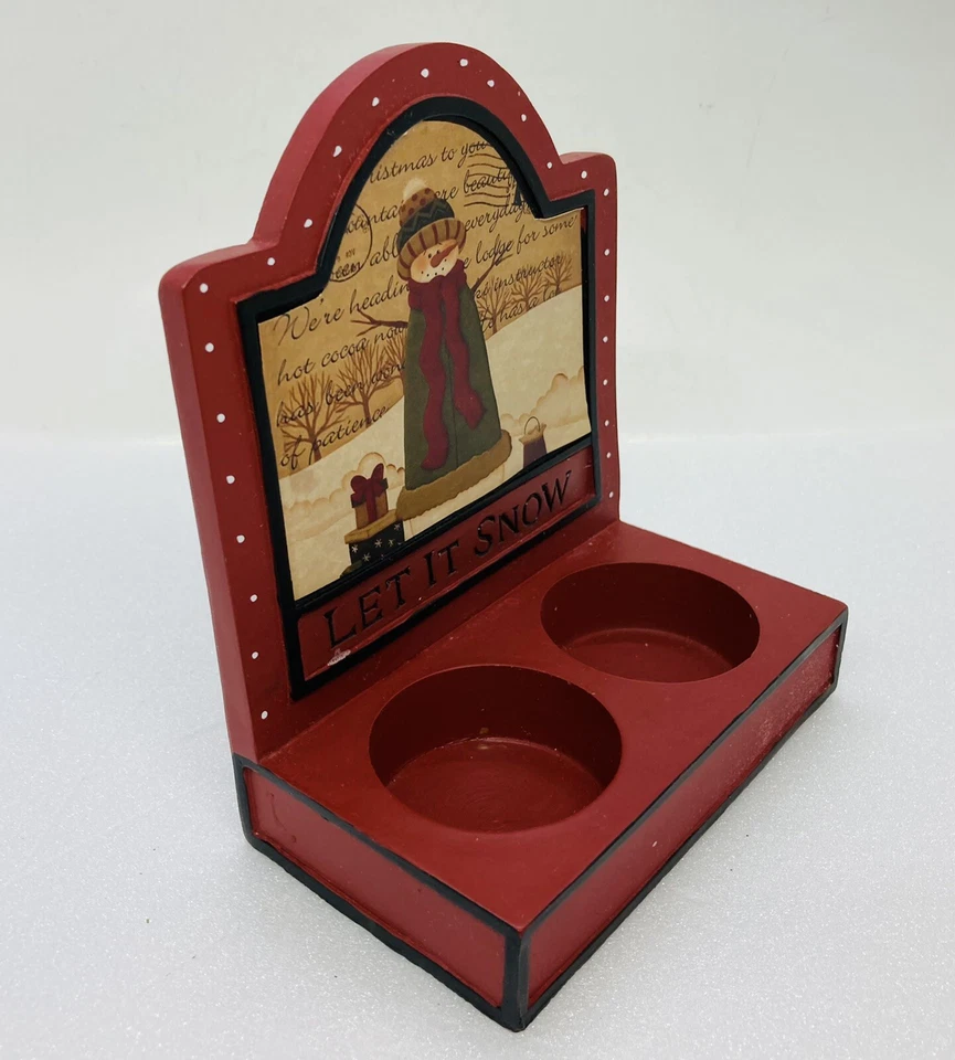Candelabro vintage de muñeco de nieve navideño de los años 80 votivo “Let It Snow” resina roja 22 Foto 3 de 4