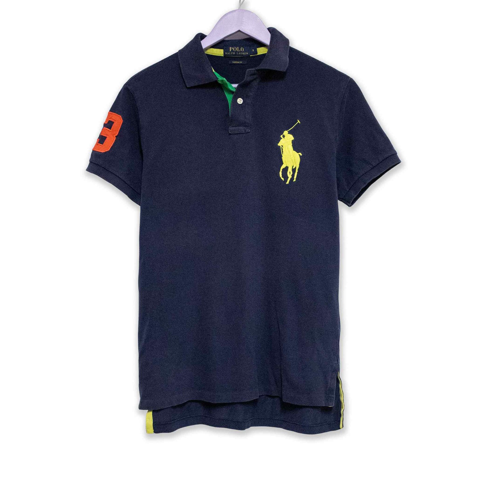 Polo Ralph Lauren blu scura tinta unita logo grande giallo custom fit - Taglia S