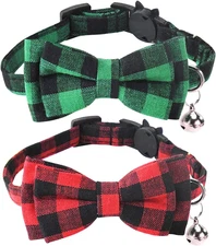2 Pack Christmas Cat Collars Breakaway with Bow Tie and Bell, Classic Buffalo Pl