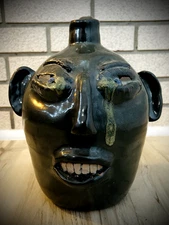 1990 Jerry Brown - Folk Art Face Jug 10 1” Southern Pottery Hamilton Alabama VTG