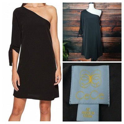 CeCe Dress Size 8 Petite Black One Shoulder Tie Sleeve Shift Zip Lined LBD NWT