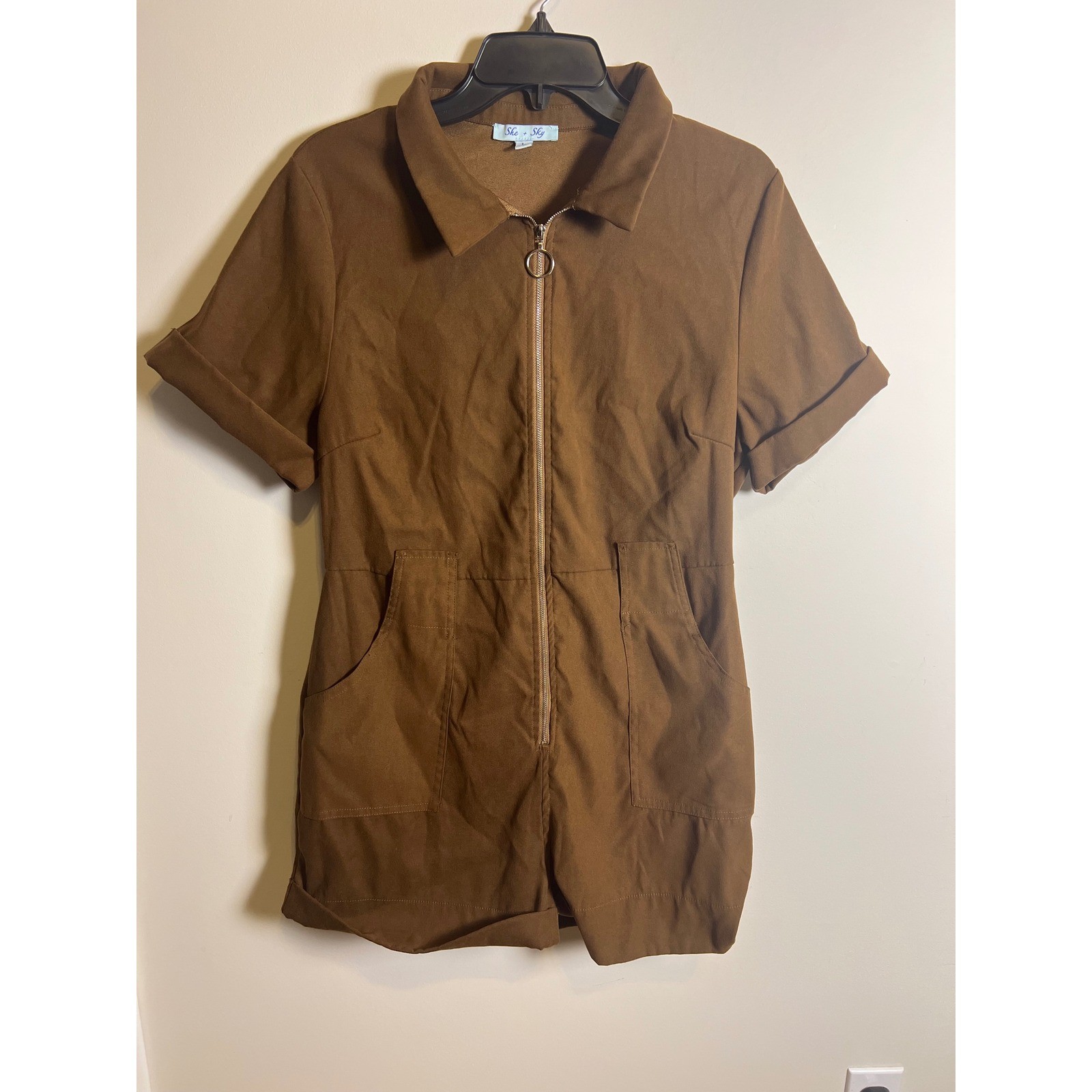 She Sky Brown Utility Zip Front Short Sleeve Romper Jumpsuit Women's Large