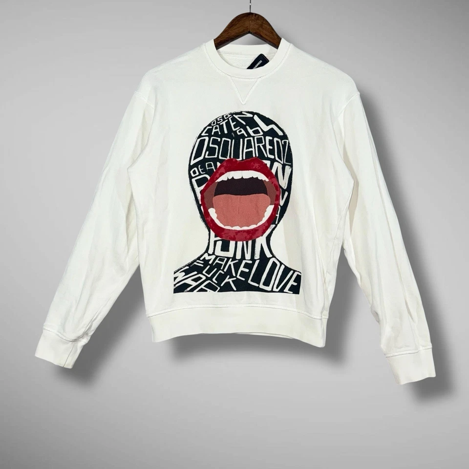 Dsquared2 Sweat Shirt Medium White Open Mouth Graphic Make Love Crew Neck - Image 2 of 4