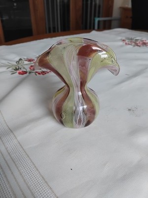 Vintage Murano Kunstglas gelb / rosa / weiß Gitter kleine Vase