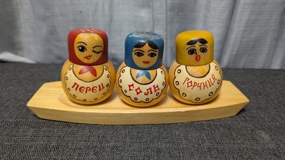 Vintage Soviet Wooden Matryoshka Doll Solyanka Pepper Shaker USSR 1960s